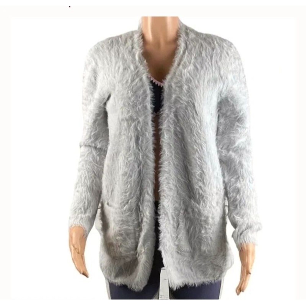 Free People Cardigan S Faux Fur Open Silver Cloud Open Front Long Sleeve Pocket